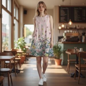 Loft Sleeveless Dress‎ Womens Sz 2 Pink Floral Crew Neck Boho Coastal Beach